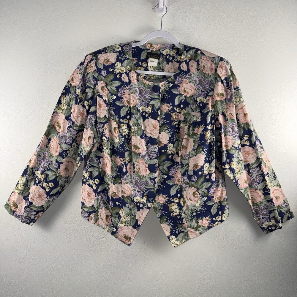 Vintage A.S. Elliot Floral Cropped Jacket Blazer Womens 18W Blue Pink USA Retro